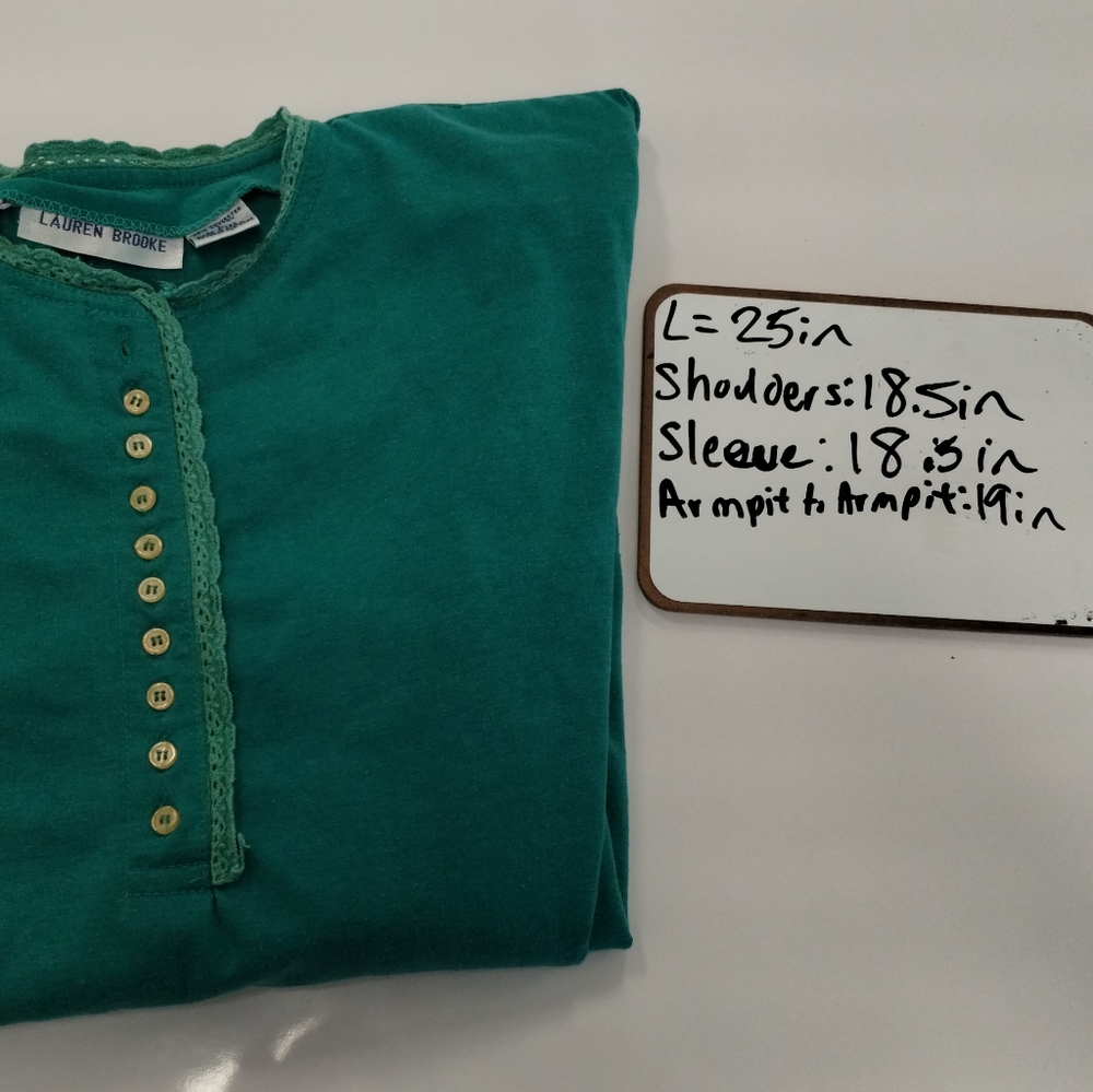 โข Lauren Brooke Women L Green inner shoulder pads Long Sleeve 10 Buttons Top - Picture 11 of 11